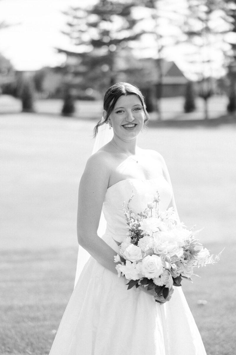 Black and white portrait of the bride at Bent Creek Country Club
