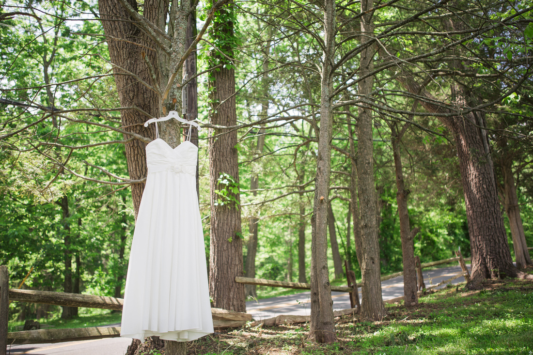 Bride's dress hanging by the trees at Stock's Manor