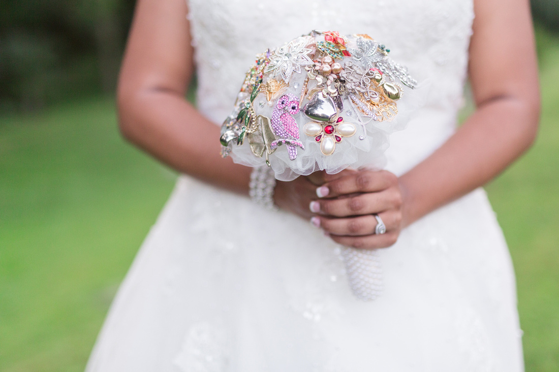 Bride jewel bouquet detail at Riverdale Manor