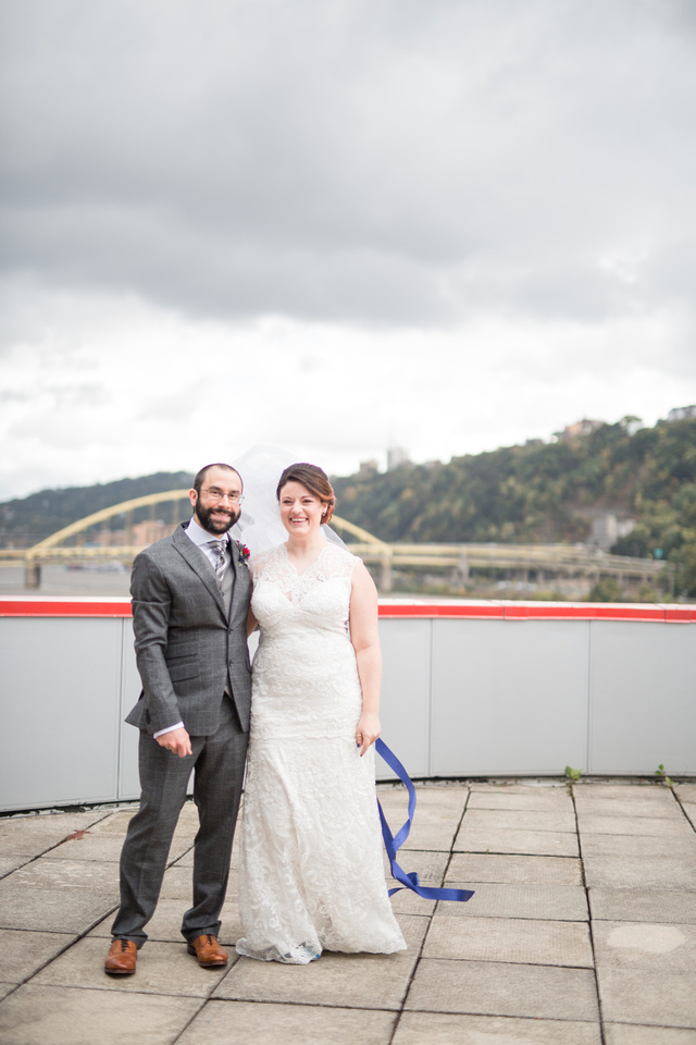 Bride and groom portrait on the terrace of Pittsburgh's Carnegie Science Center