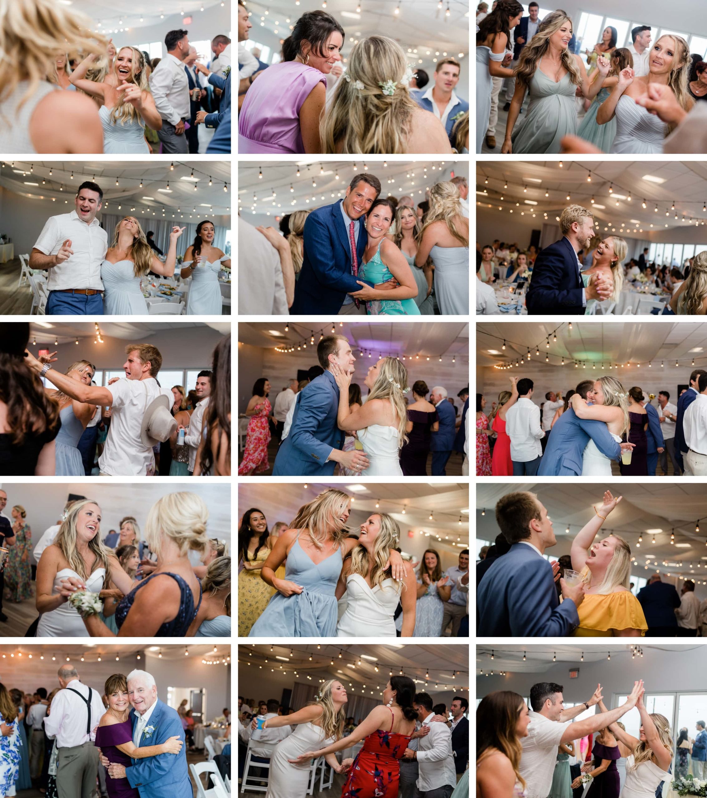 Collage of photos of people dancing and laughing on a wedding reception at the Taylor Pavilion