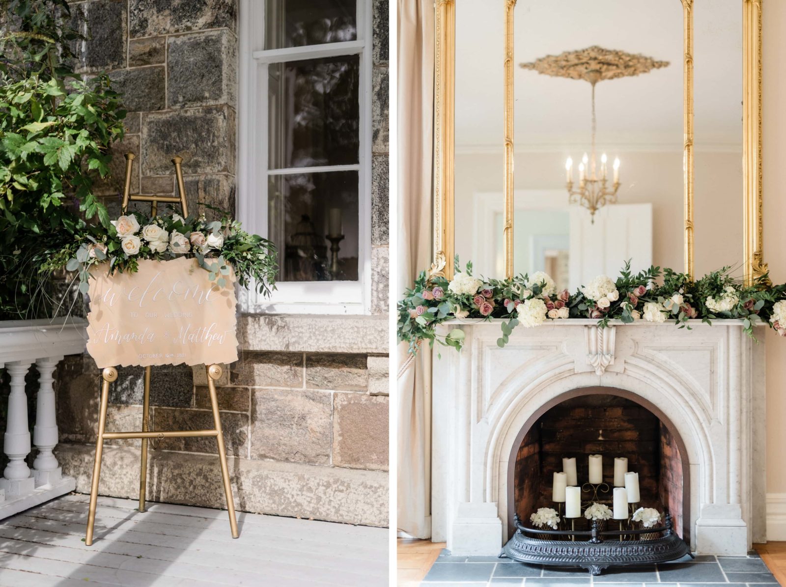 Entrance welcome sign and fireplace decorated with flowers
