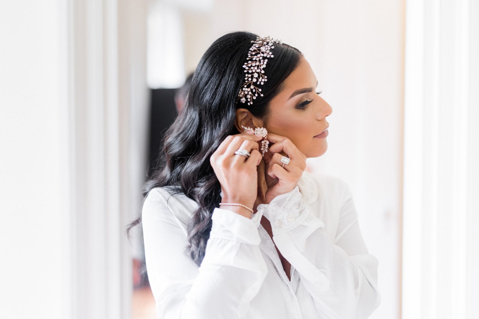 Bride getting ready at Brecknock Hall