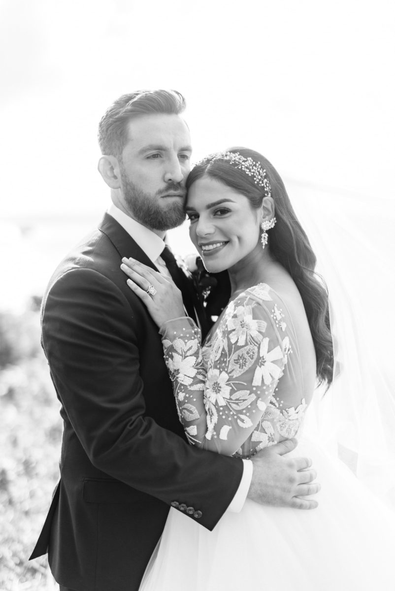Black and white portrait of the bride and groom
