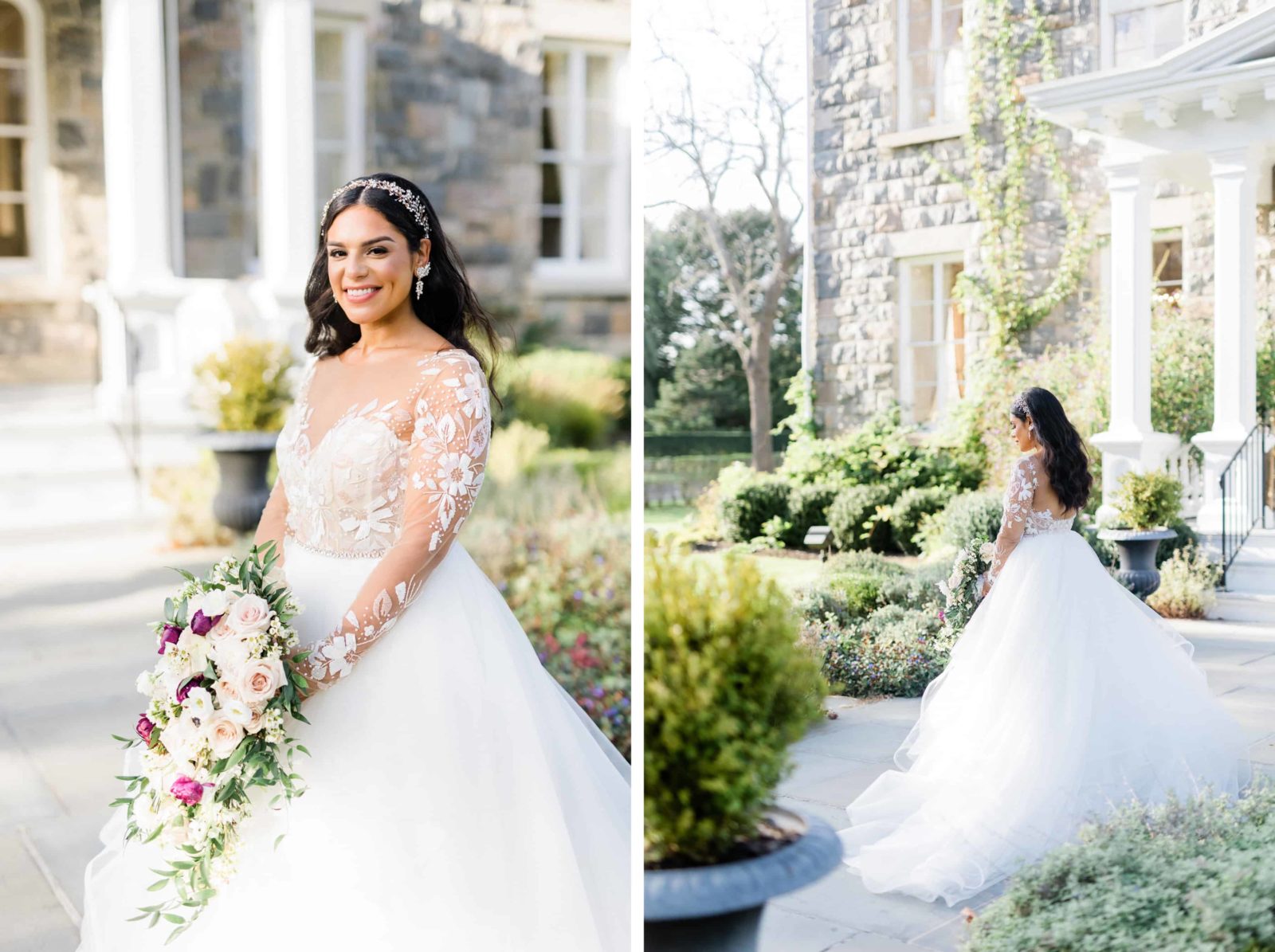 Bridal portraits in front of the house, with bride wearing tulle and lace dress