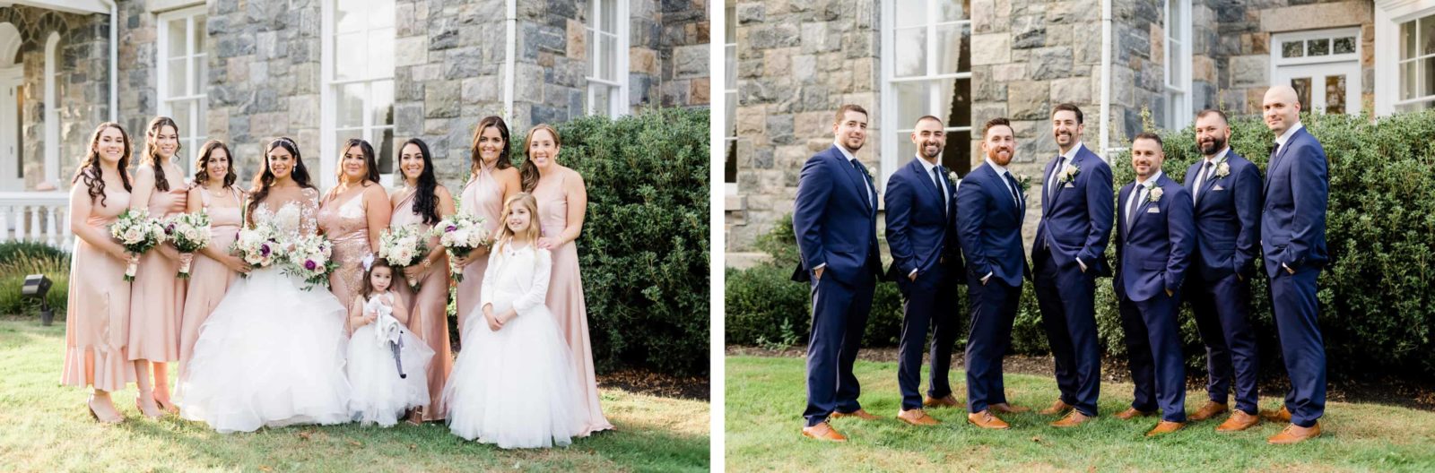Wedding party photos in the front lawn with ladies wearing blush and the man in navy suits