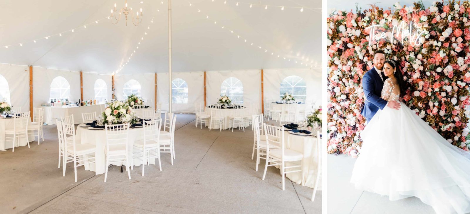 Brecknock Hall tent reception decoration and flower wall