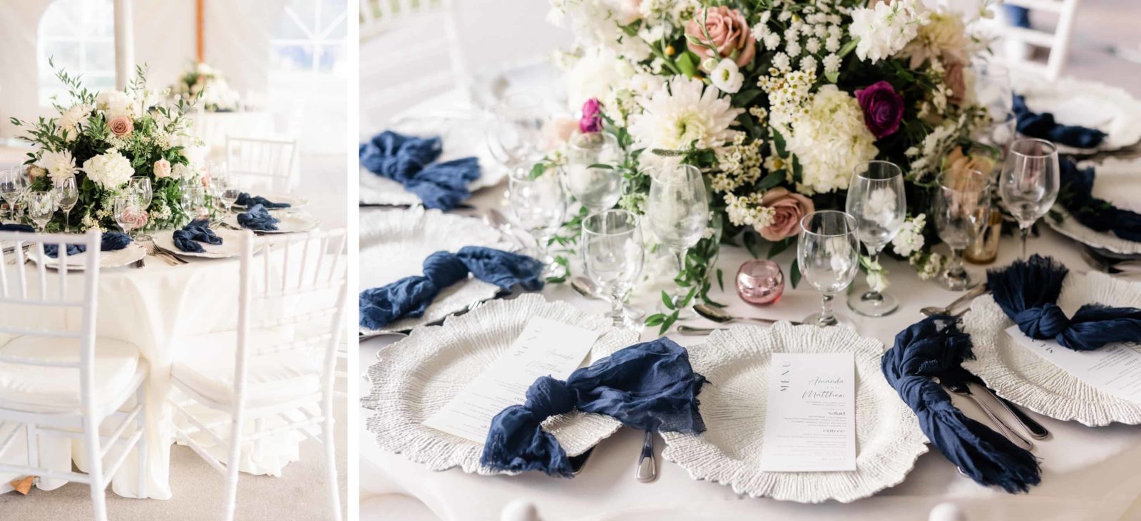 Detail photos of the table decoration with navy and touches of pink