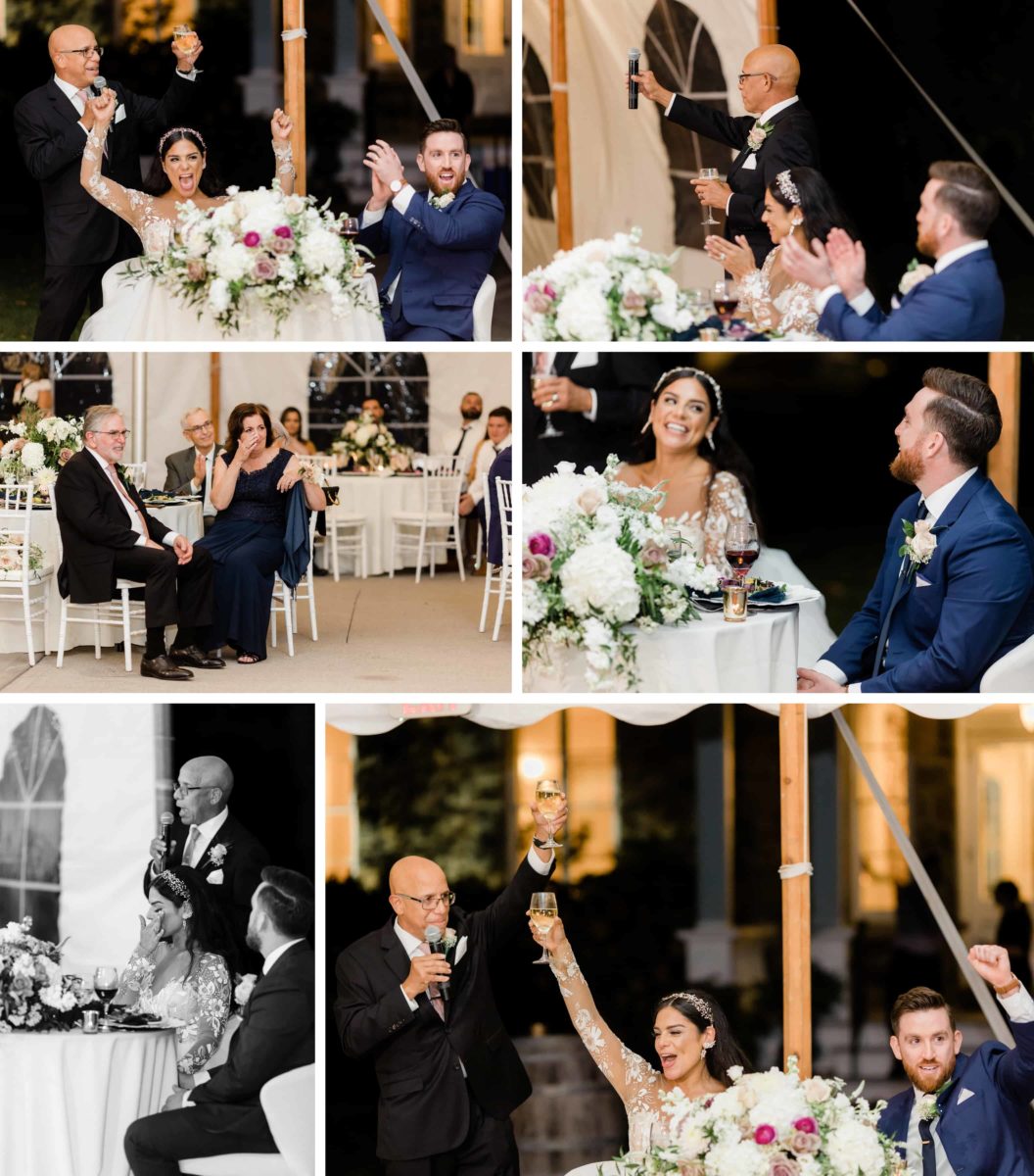 Collage of photos during father of the brides's toast, with laughing and happy tears