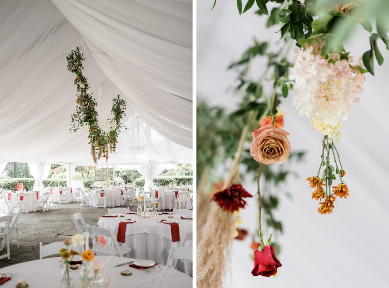 Details of the tent reception at Box Hill Mansion, with fall colors and a hanging flower arrangement photographed by Maria Silva Goyo