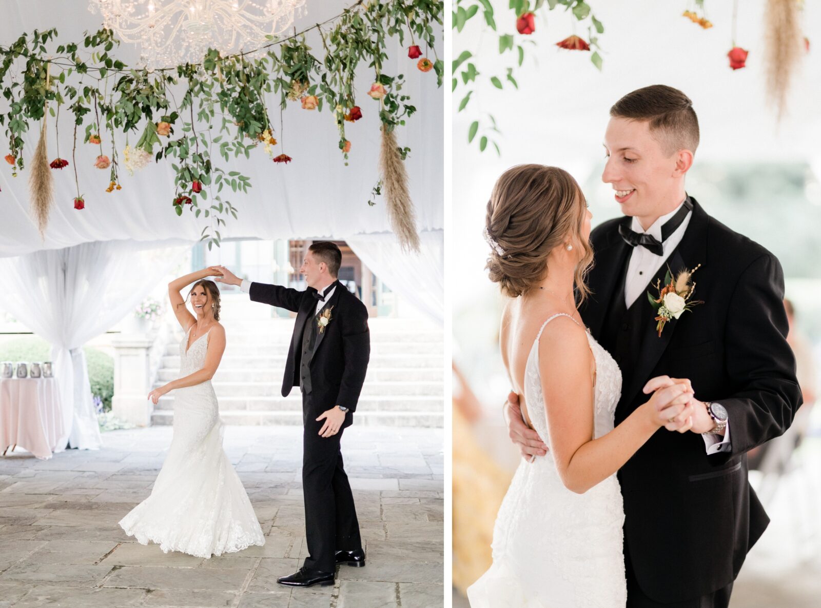 Bride and groom's first dance under the hanging flower arrangement at Box Hill Mansion