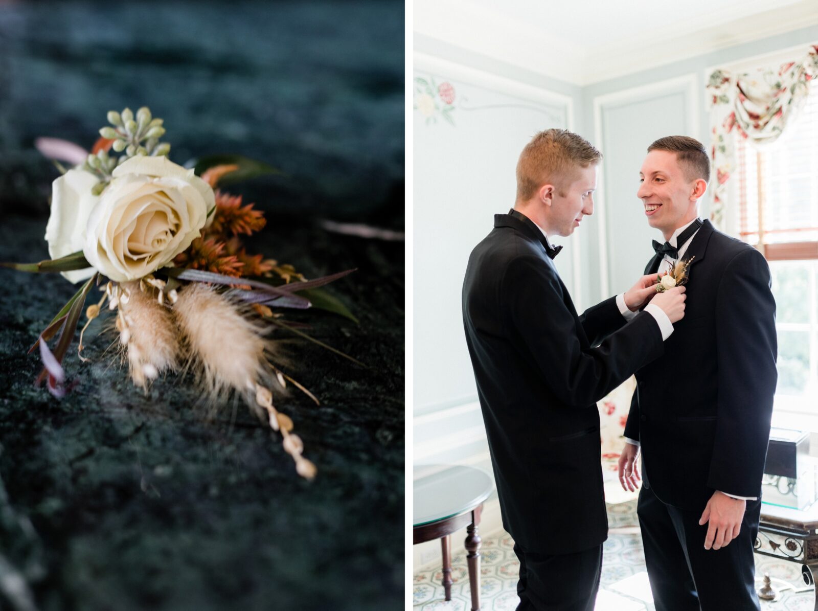 Detail of boutonnière and photo of best men putting the boutonniere on the groom inside the Box Hill Mansion.