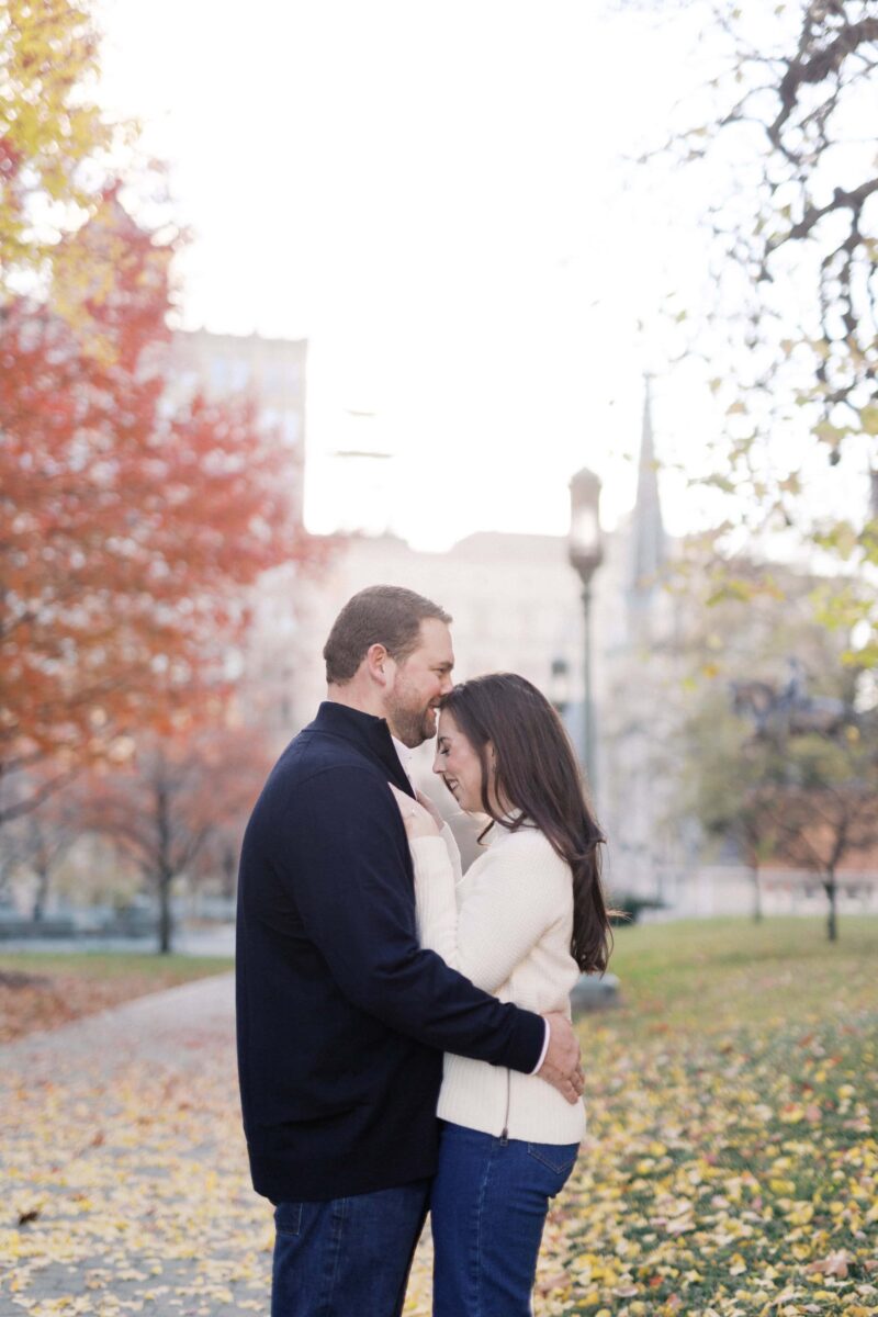 downtown engagement session with fall folliage
